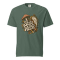 Blue Spruce T-shirt with retro “Stay Weird” lettering, two spotted mushrooms and a vintage pocket watch graphic on the chest
