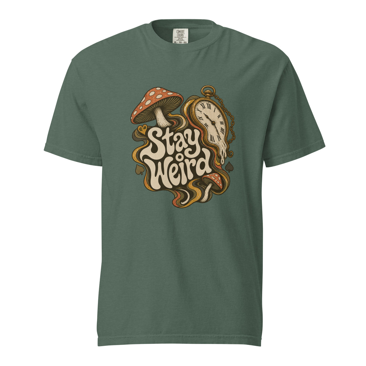 Blue Spruce T-shirt with retro “Stay Weird” lettering, two spotted mushrooms and a vintage pocket watch graphic on the chest