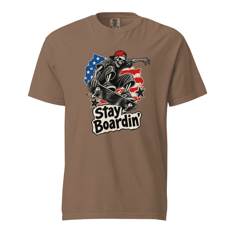 Espresso T-shirt featuring a skeleton in a red cap riding a skateboard, with “Stay Boardin'” lettering and American flag details