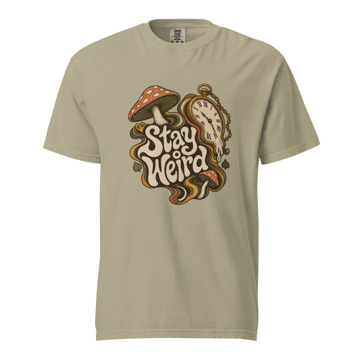 Khaki T-shirt with ‘Stay Weird’ lettering, two spotted mushrooms and a vintage pocket watch in warm retro tones.