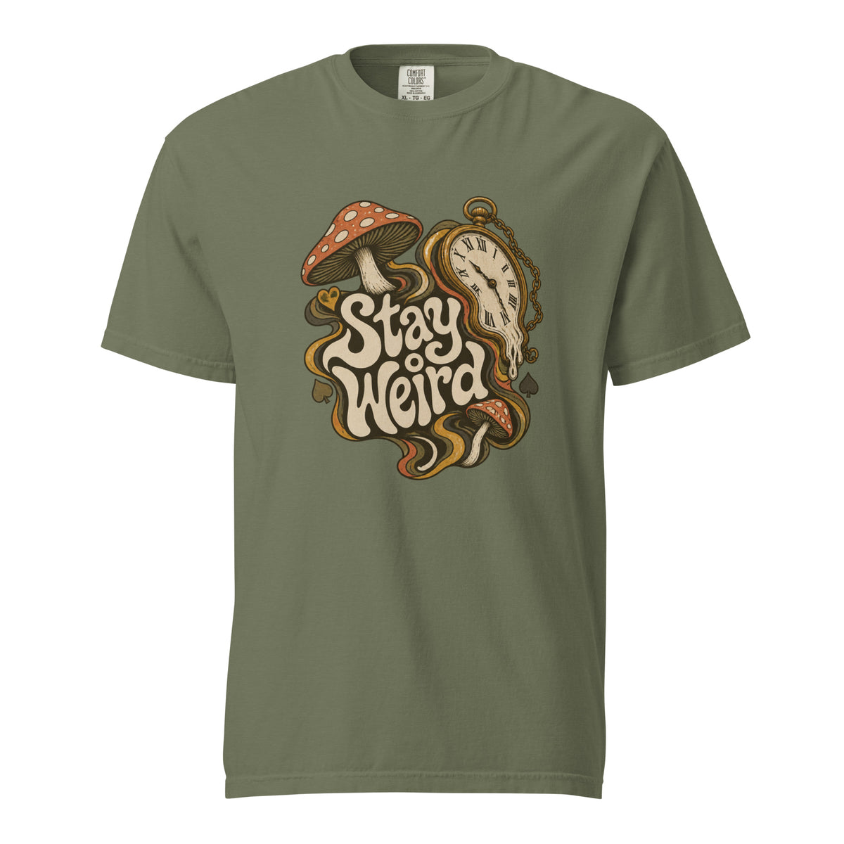 Moss T-shirt with retro chest artwork reading “Stay Weird”, featuring two spotted mushrooms, a pocket watch and small heart and spade motifs