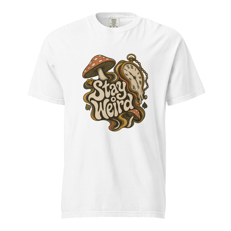 White T-shirt with retro front graphic reading “Stay Weird”, featuring a spotted mushroom and vintage pocket watch with chain