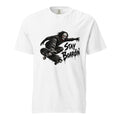 White T-shirt featuring a black-and-red illustration of a masked skateboarder performing a trick on a skateboard beside “STAY BOARDIN’” lettering.