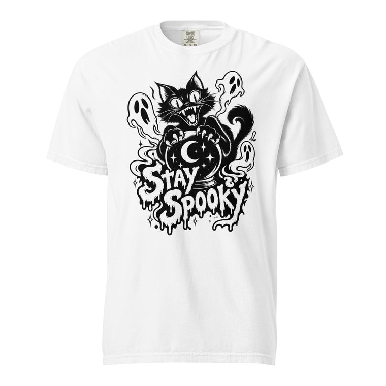 White T-shirt featuring a mischievous black cat behind a crystal ball, three floating ghosts, stars, a crescent moon and dripping “STAY SPOOKY” lettering.