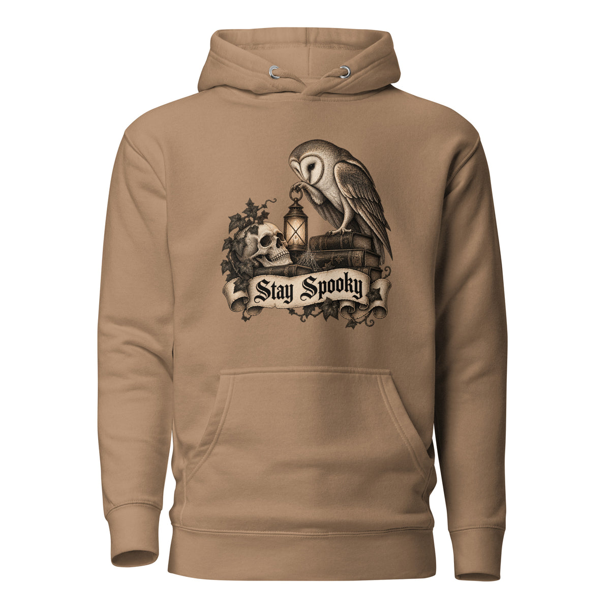 Front view of a Latte hoodie with an owl, skull, lantern, foliage, and a readable “Stay Spooky” design.