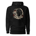 Black hoodie with a gothic front graphic showing a black cat, skull, crescent moon, red roses and “Stay Spooky” lettering
