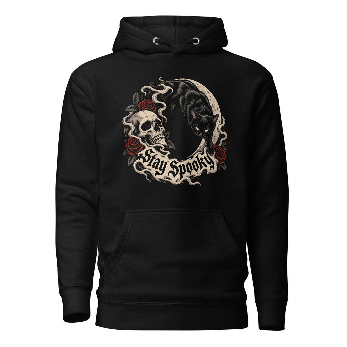 Black hoodie with a gothic front graphic showing a black cat, skull, crescent moon, red roses and “Stay Spooky” lettering
