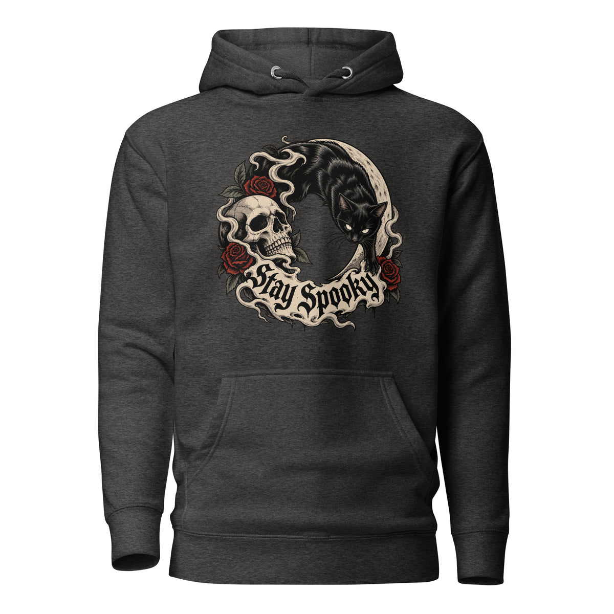 Charcoal Heather hoodie with a Gothic front graphic of a black cat, skull, crescent moon, red roses and ornate “Stay Spooky” lettering