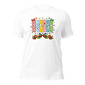 White unisex staple t-shirt with retro patchwork letters shown from the front.