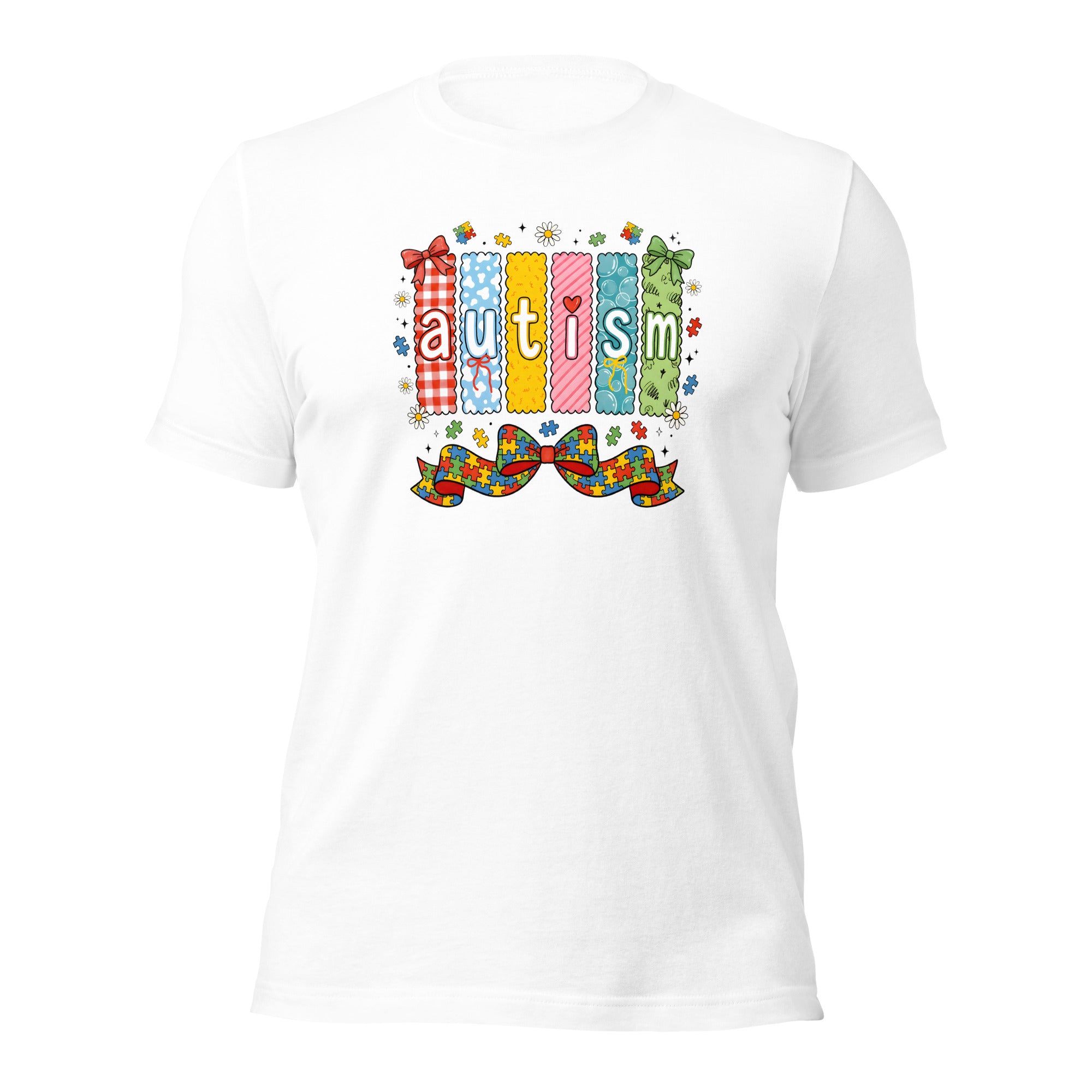 White unisex staple t-shirt with retro patchwork letters shown from the front.