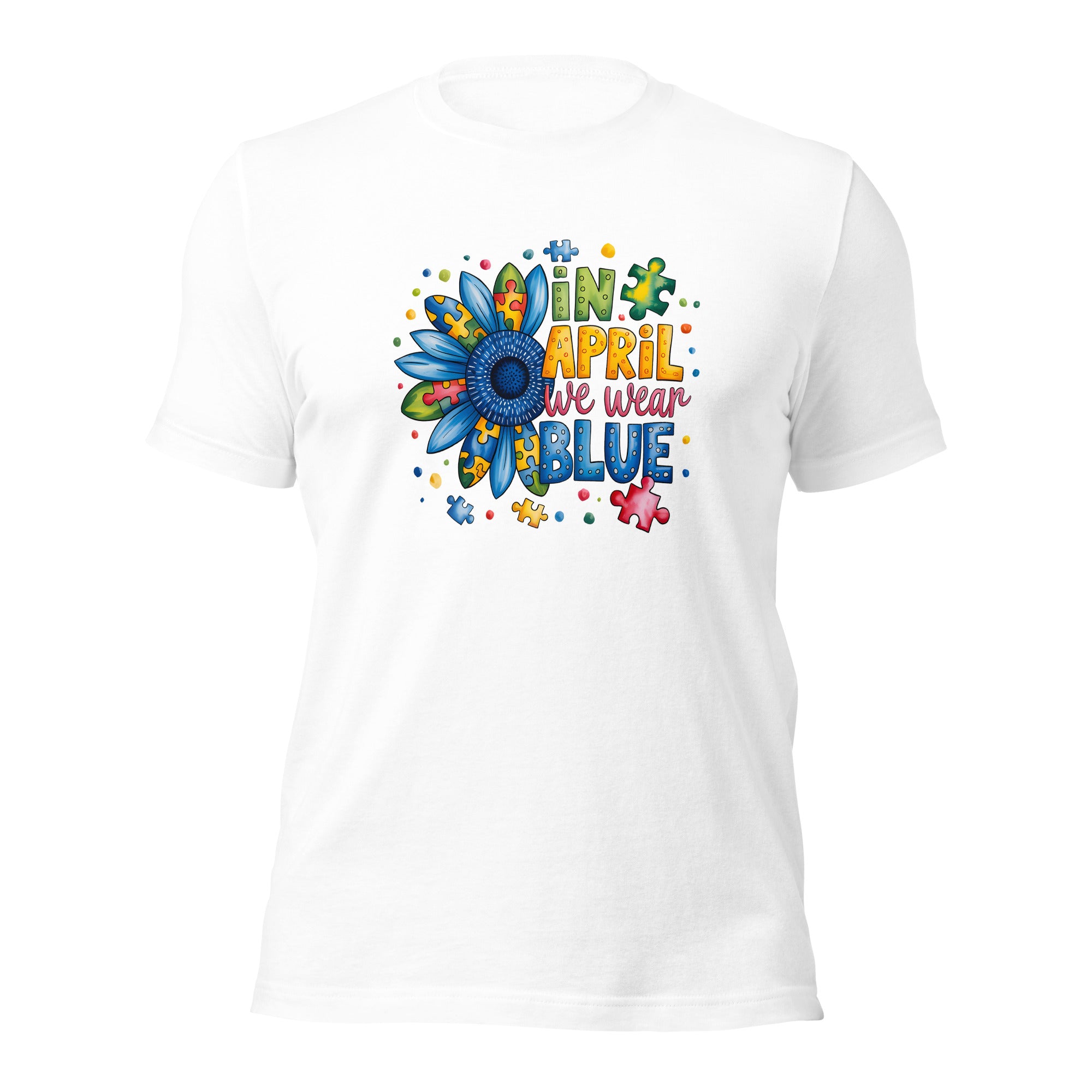 White unisex crew neck t-shirt with short sleeves shown from the front.