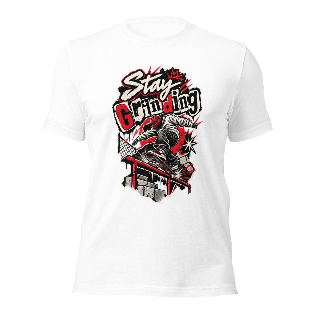 White T-shirt featuring a skateboarder grinding on a rail, with bold ‘Stay Grinding’ typography and red and black graphic details