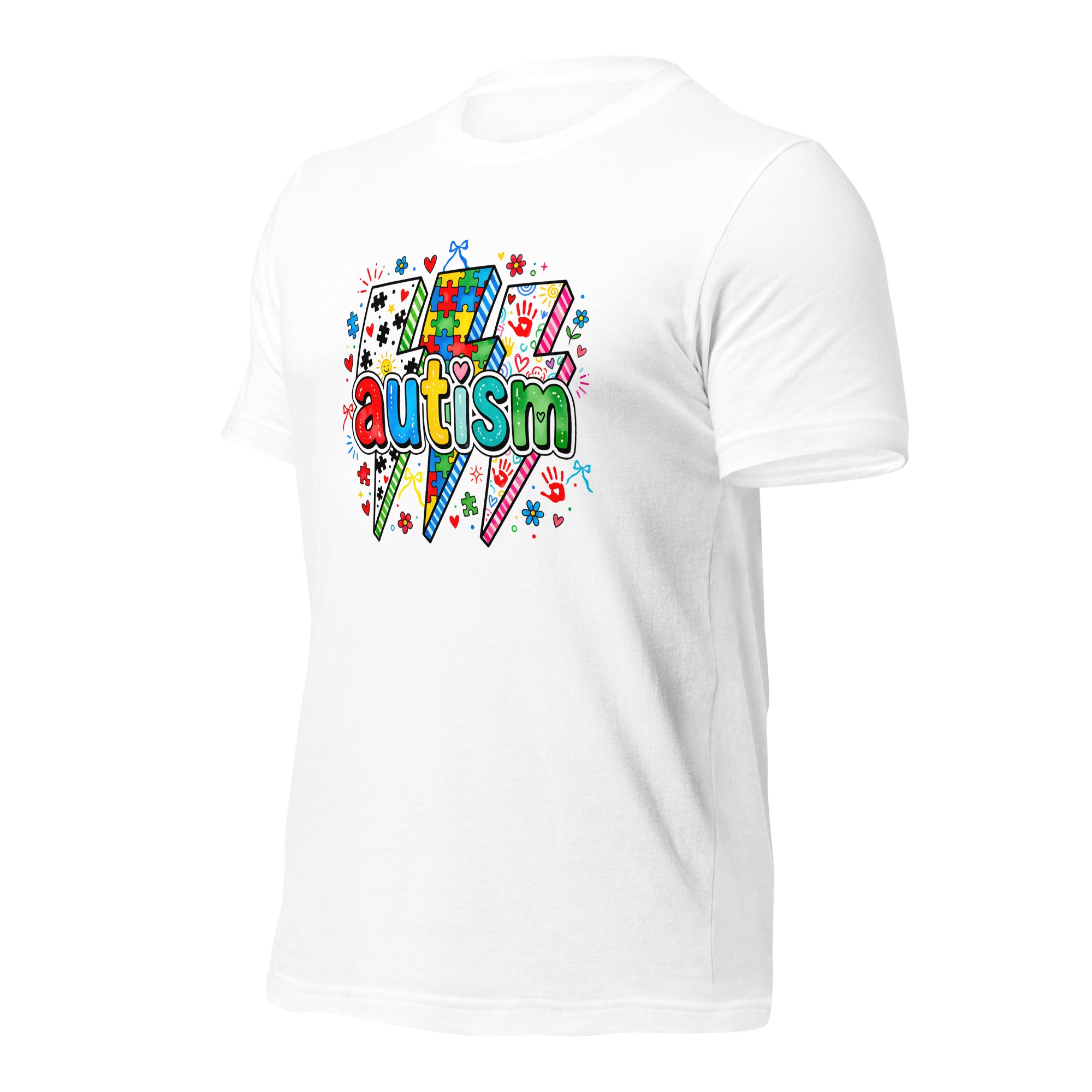 White unisex staple t-shirt shown from the left front.