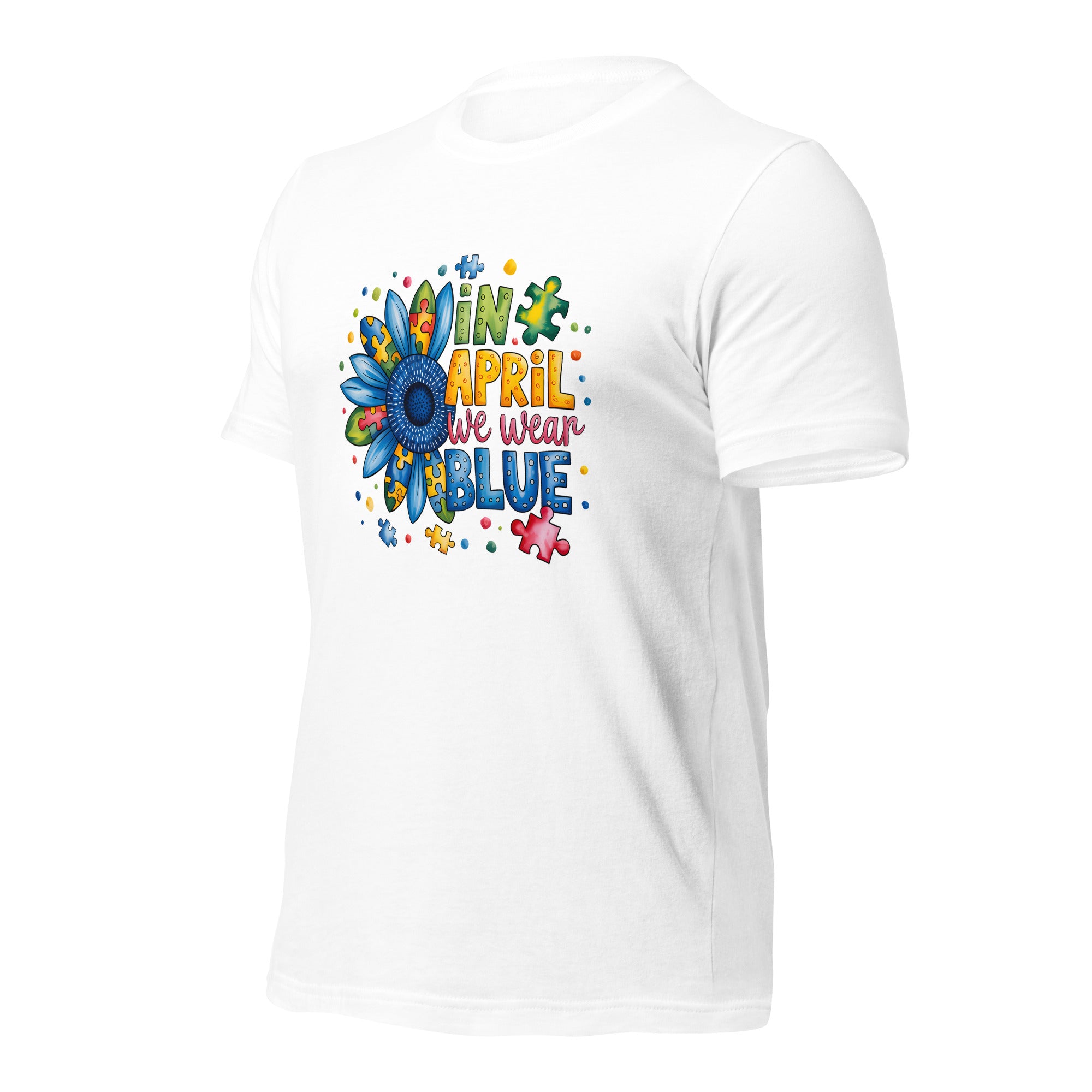 White unisex staple t-shirt shown from the left front.