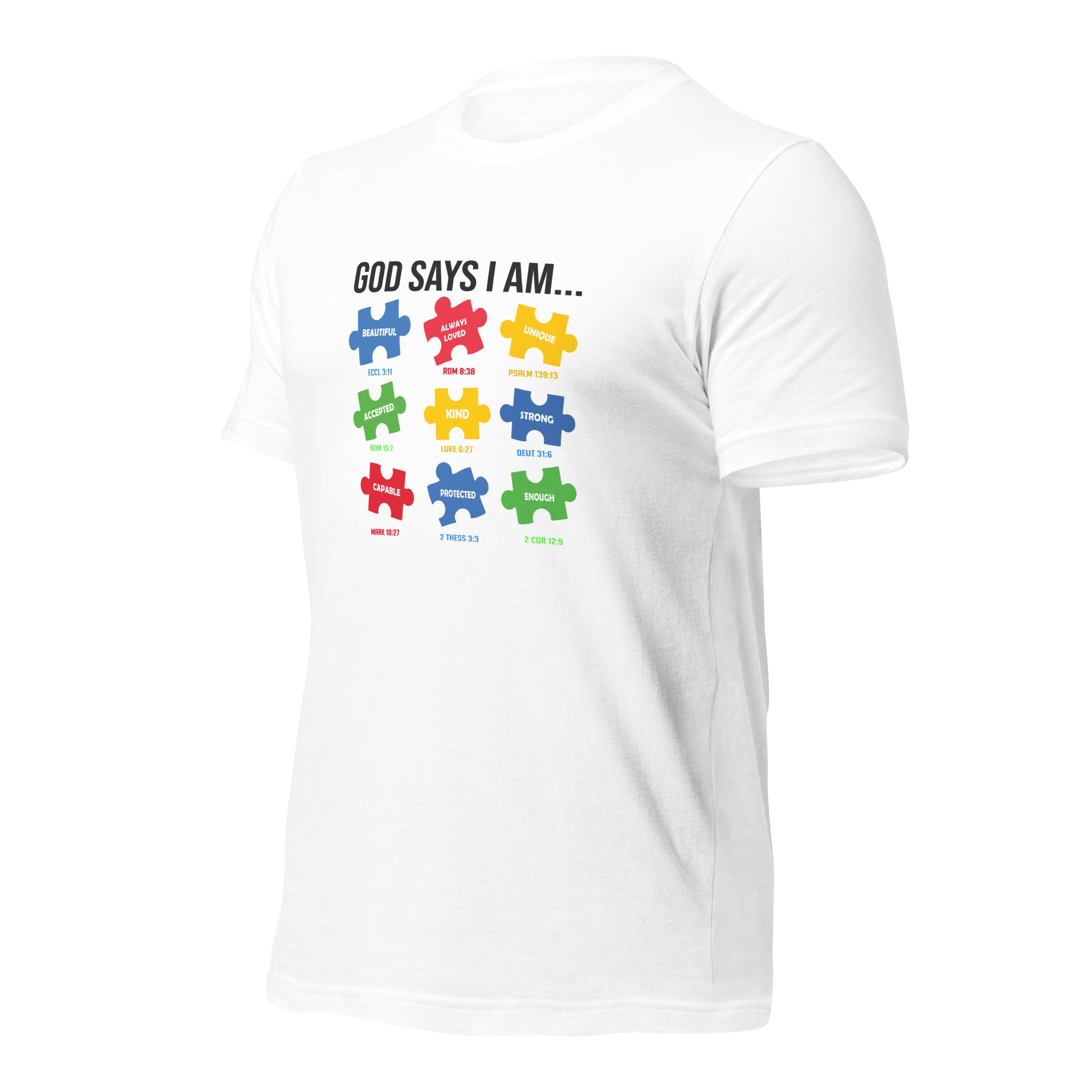 White unisex staple t-shirt shown from the left front.