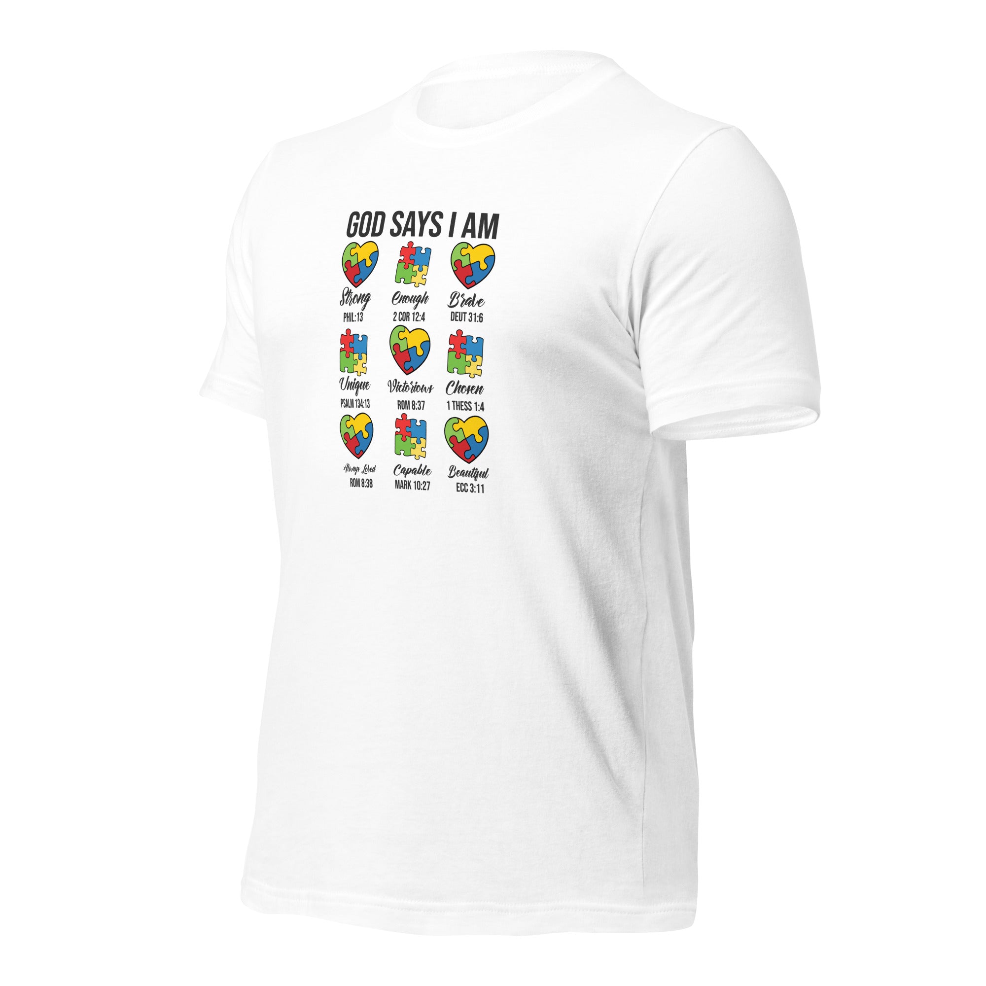 White unisex staple t-shirt shown from the left front.