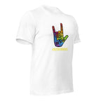 White unisex staple t-shirt shown from the right front.