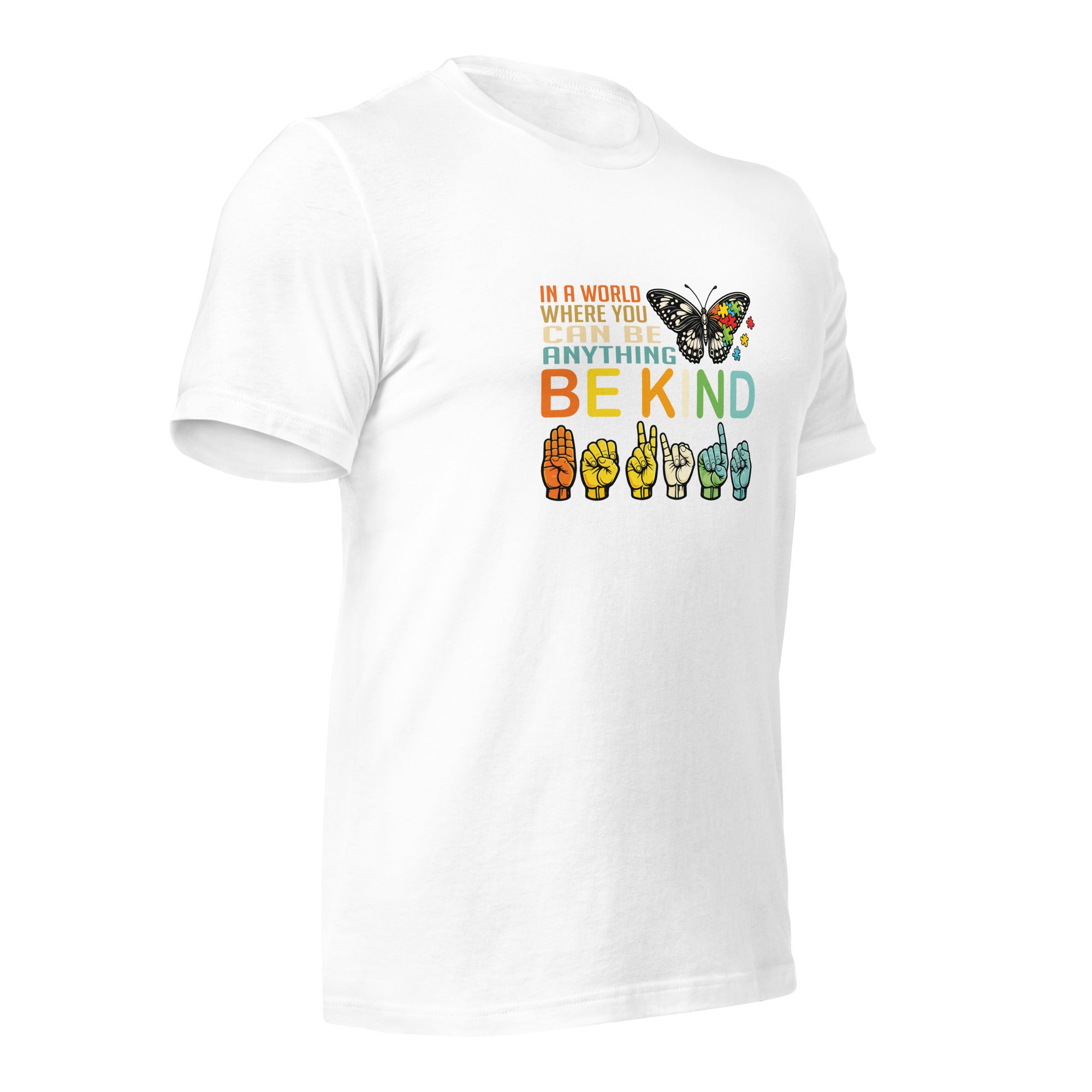 White unisex staple t-shirt shown from the right front.