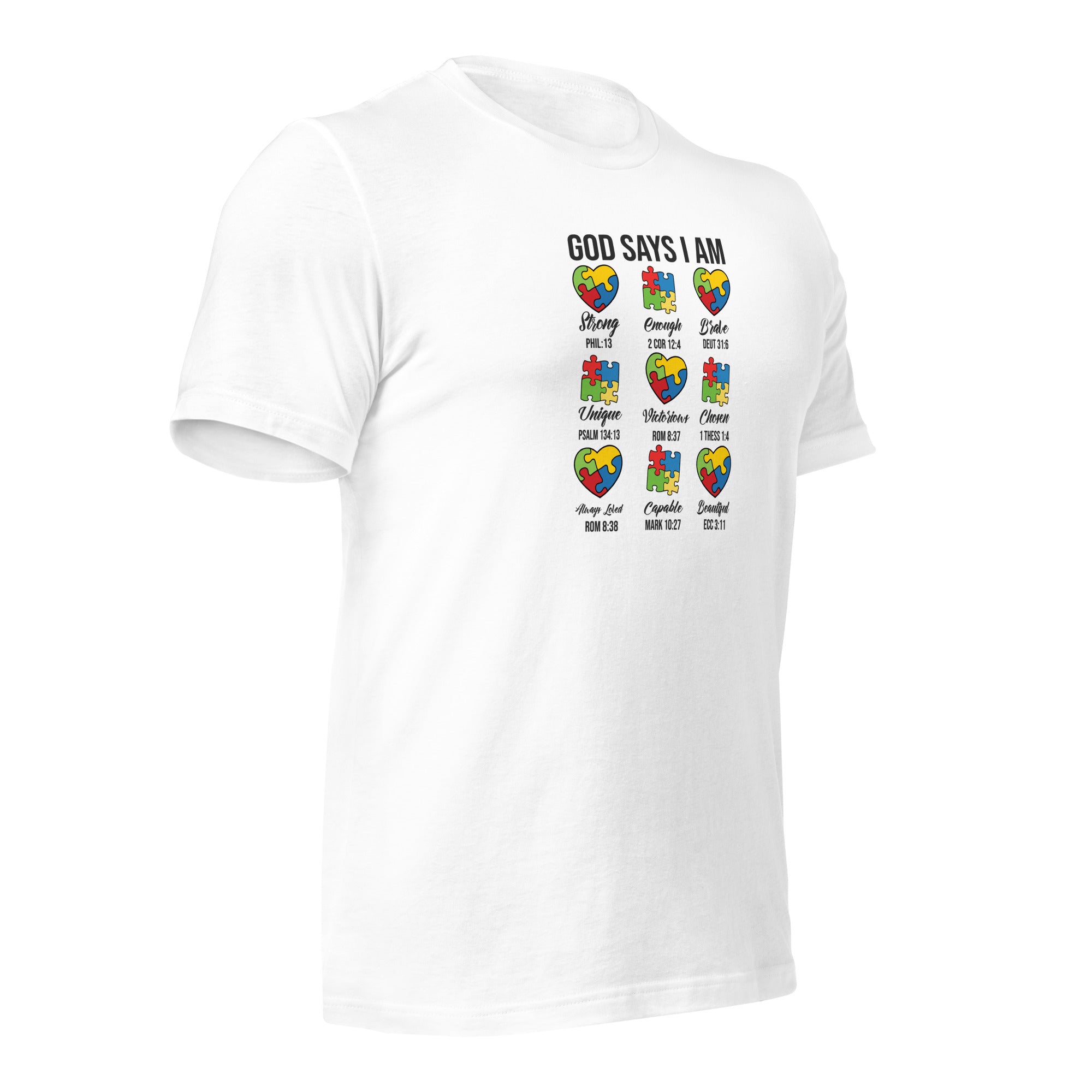 White unisex staple t-shirt shown from the right front.