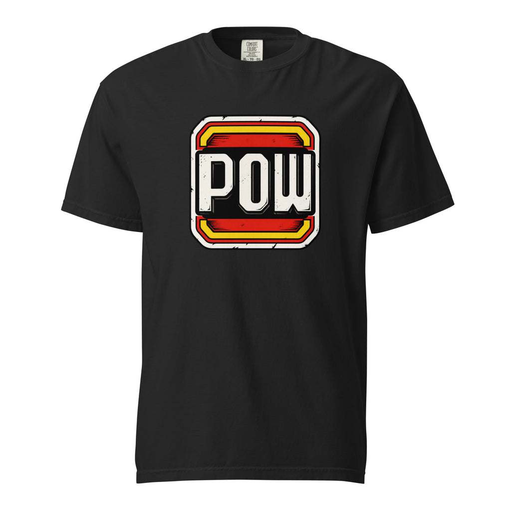 Front view of a black T-shirt with distressed cream “POW” lettering in a layered red, yellow, black and white comic book badge.