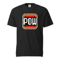 Front view of a black T-shirt with distressed cream “POW” lettering in a layered red, yellow, black and white comic book badge.