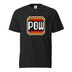 Front view of a black T-shirt with distressed cream “POW” lettering in a layered red, yellow, black and white comic book badge.
