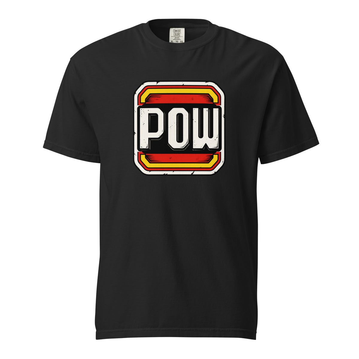Front view of a black T-shirt with distressed cream “POW” lettering in a layered red, yellow, black and white comic book badge.