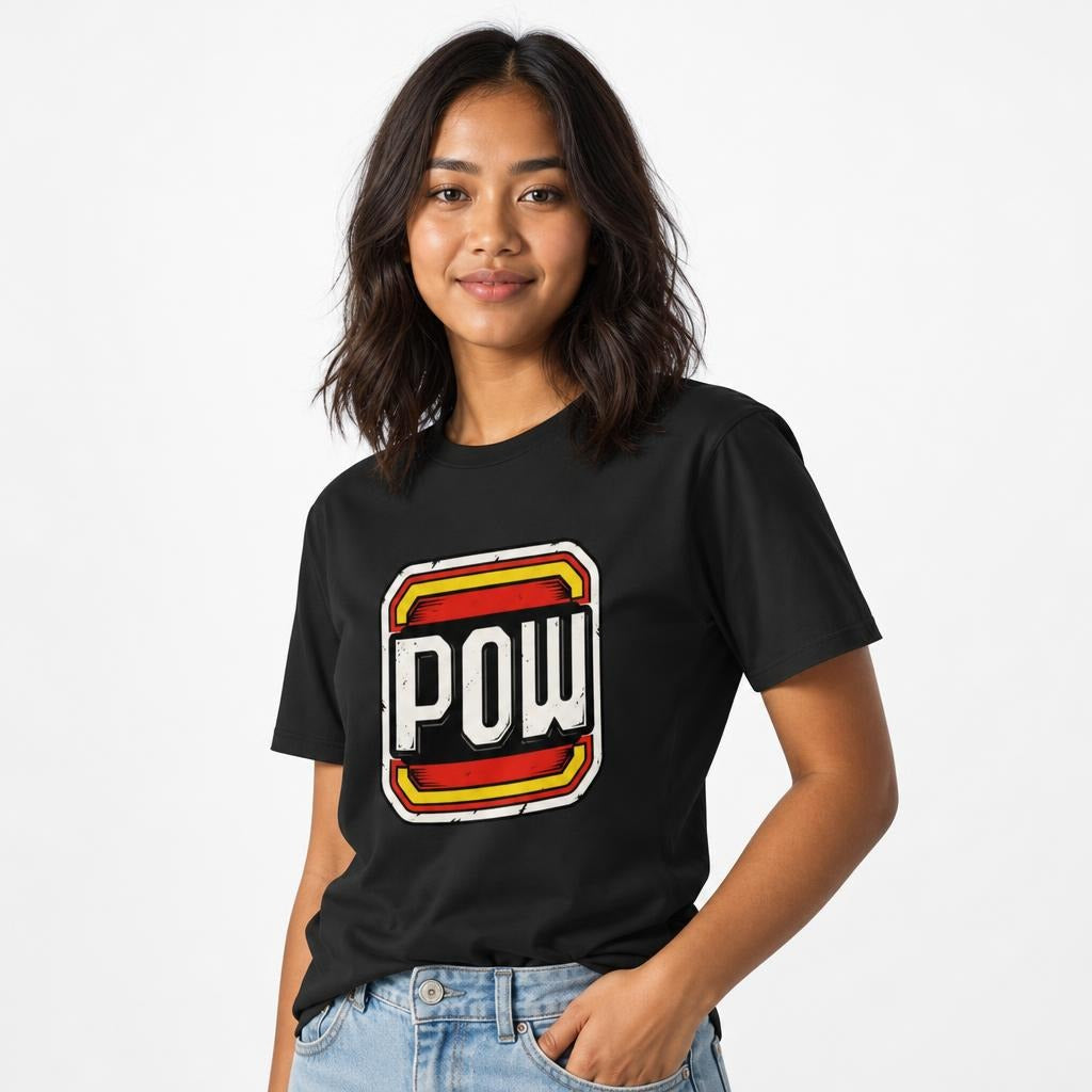 Model wearing a black T-shirt with bold distressed POW lettering inside a layered red, yellow, black, and white comic book badge.