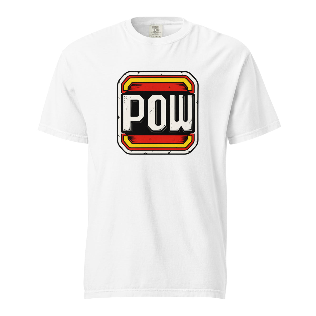 Front view of a white T-shirt with bold distressed POW lettering inside a layered red, yellow, black, and white comic book badge.