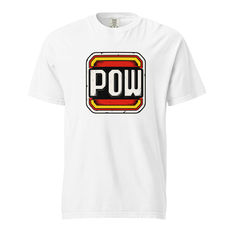 Front view of a white T-shirt with bold distressed POW lettering inside a layered red, yellow, black, and white comic book badge.