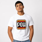 Model wearing a White T-shirt with bold distressed POW lettering inside a layered comic book badge in red, yellow, black and white.