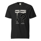Front view of a Black T-Shirt with WAIT and WHAT? speech bubbles above anthropomorphised punctuation characters, including a large question mark.