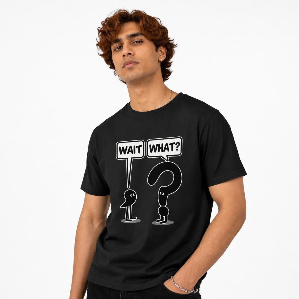 Black t shirt featuring A humorous black-and-white graphic featuring the wording “WAIT” and “WHAT?” in speech bubbles above anthropomorphised punctuation characters, including a large question mark, model view