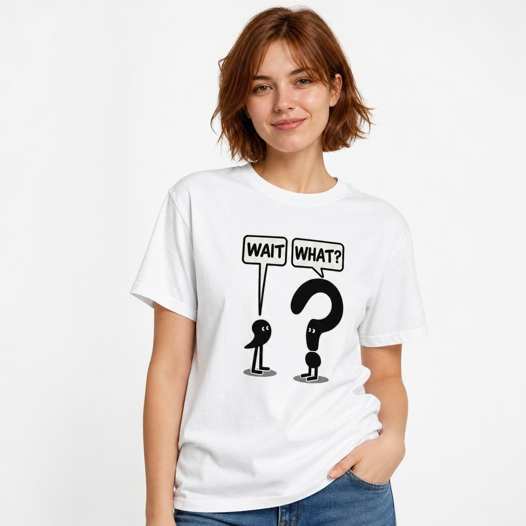 Front view of a person wearing a white T-shirt with WAIT and WHAT? speech bubbles, punctuation characters, and a large question mark.