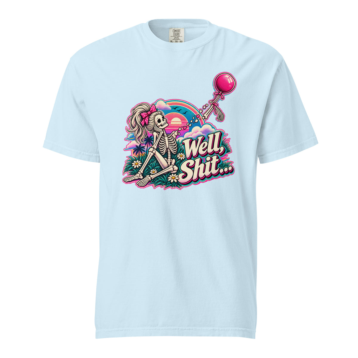 Front view of a Chambray T-shirt featuring a colorful skeleton with a balloon beneath a rainbow and “Well, Shit…” text.