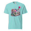 Front view of a Lagoon Blue T-shirt featuring a Skeleton with a Balloon and Rainbow artwork, plus “Well, Shit…” text.