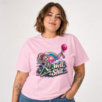 Well Shit Skeleton Balloon t shirt in Blossom worn by a studio model in an upper-body front relaxed pose on a clean white background