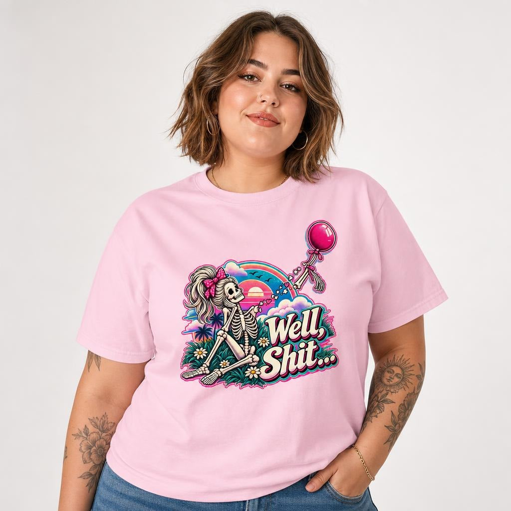 Well Shit Skeleton Balloon t shirt in Blossom worn by a studio model in an upper-body front relaxed pose on a clean white background