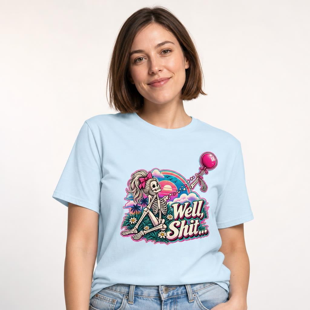 Well Shit Skeleton Balloon t shirt in Chambray worn by a studio model in an upper-body walking pose on a clean white background