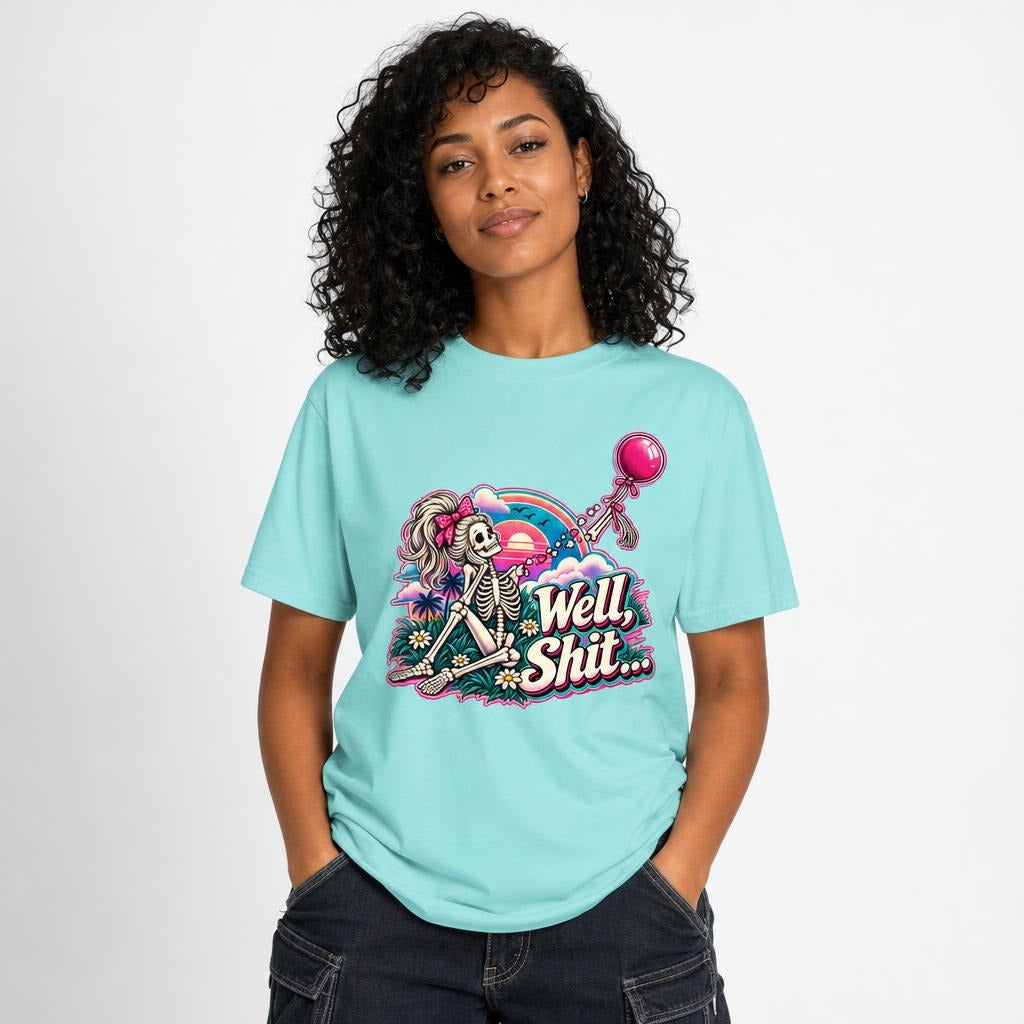 Well Shit Skeleton Balloon t shirt in Lagoon Blue worn by a studio model in an upper-body hands in pockets pose on a clean white background