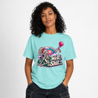 Well Shit Skeleton Balloon t shirt in Lagoon Blue worn by a studio model in an upper-body hands in pockets pose on a clean white background
