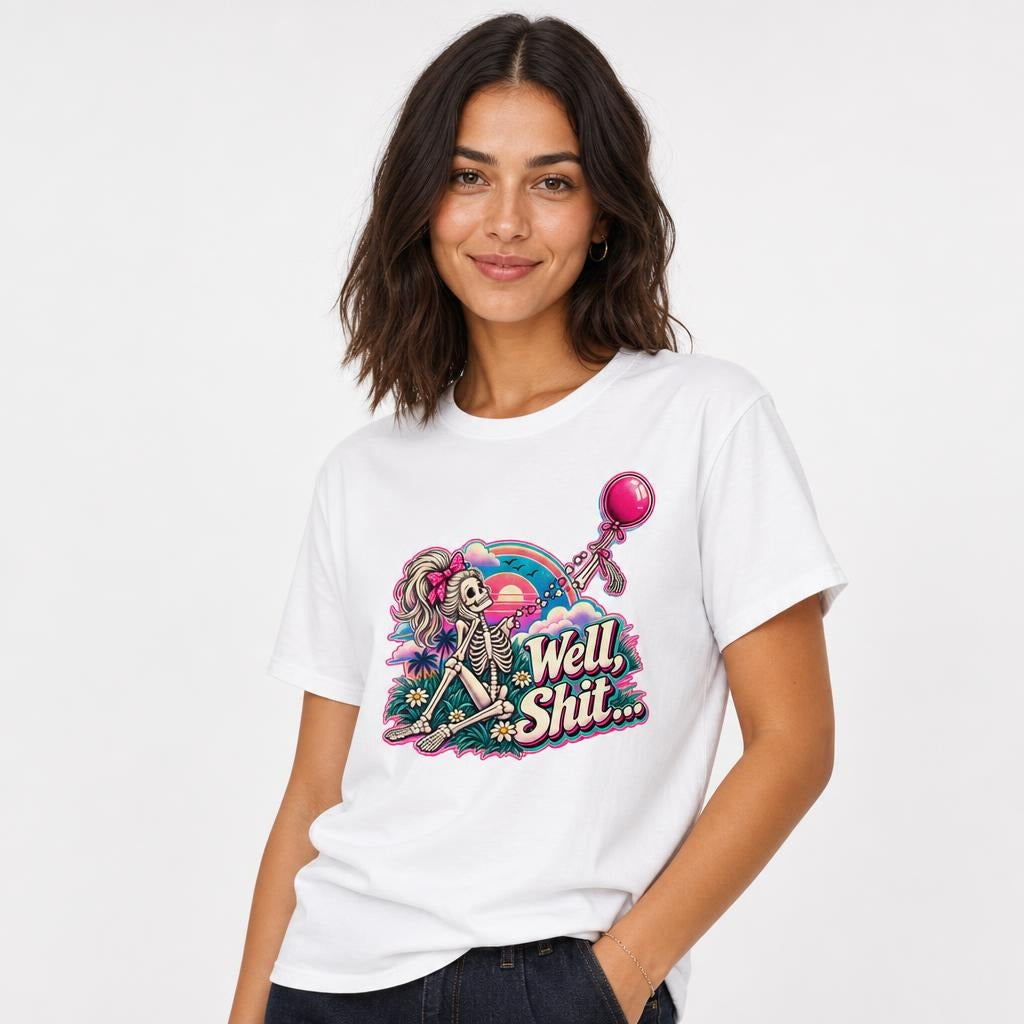 Well Shit Skeleton Balloon t shirt in White worn by a studio model in an upper-body three quarter left pose on a clean white background