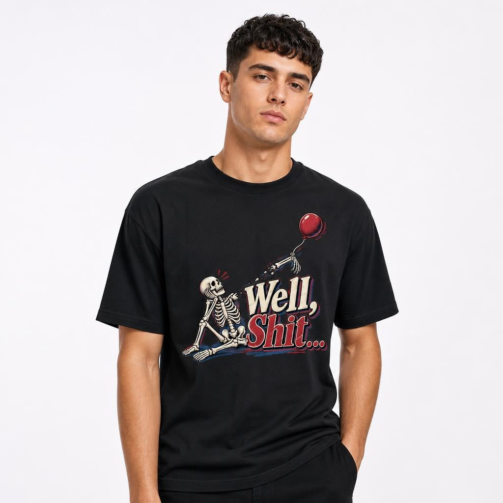 Well Shit Skeleton With Balloon t shirt in Black worn by a studio model in an upper-body front relaxed pose on a clean white background
