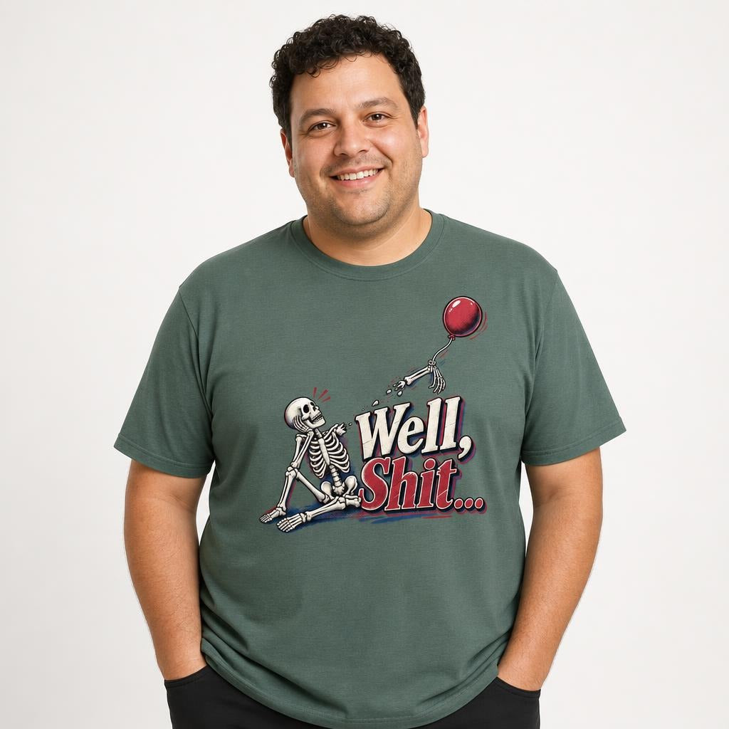 Well Shit Skeleton With Balloon t shirt in Blue Spruce worn by a studio model in an upper-body walking pose on a clean white background