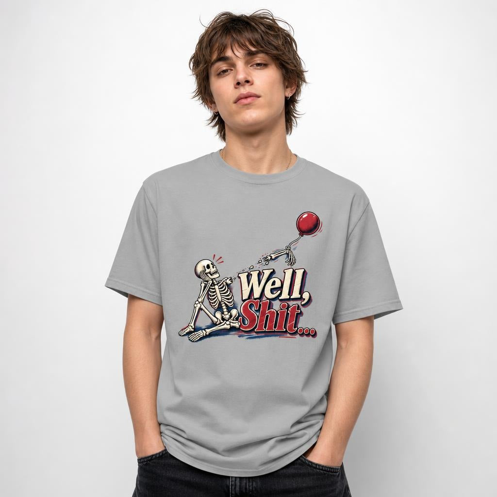 Well Shit Skeleton With Balloon t shirt in Granite worn by a studio model in an upper-body hands in pockets pose on a clean white background