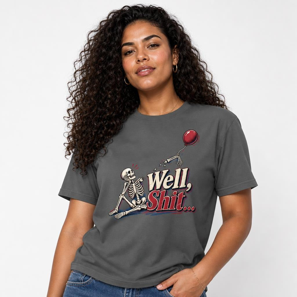 Well Shit Skeleton With Balloon t shirt in Pepper worn by a studio model in an upper-body three quarter right pose on a clean white background