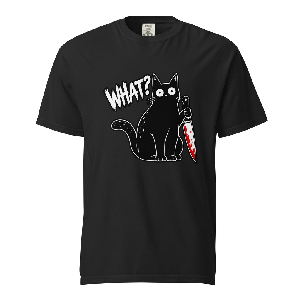 Black T-shirt featuring a cartoon cat holding a blood-spattered knife beside the distressed word “WHAT?”