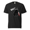 Black T-shirt featuring a cartoon cat holding a blood-spattered knife beside the distressed word “WHAT?”