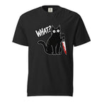 Black T-shirt featuring a cartoon cat holding a blood-spattered knife beside the distressed word “WHAT?”