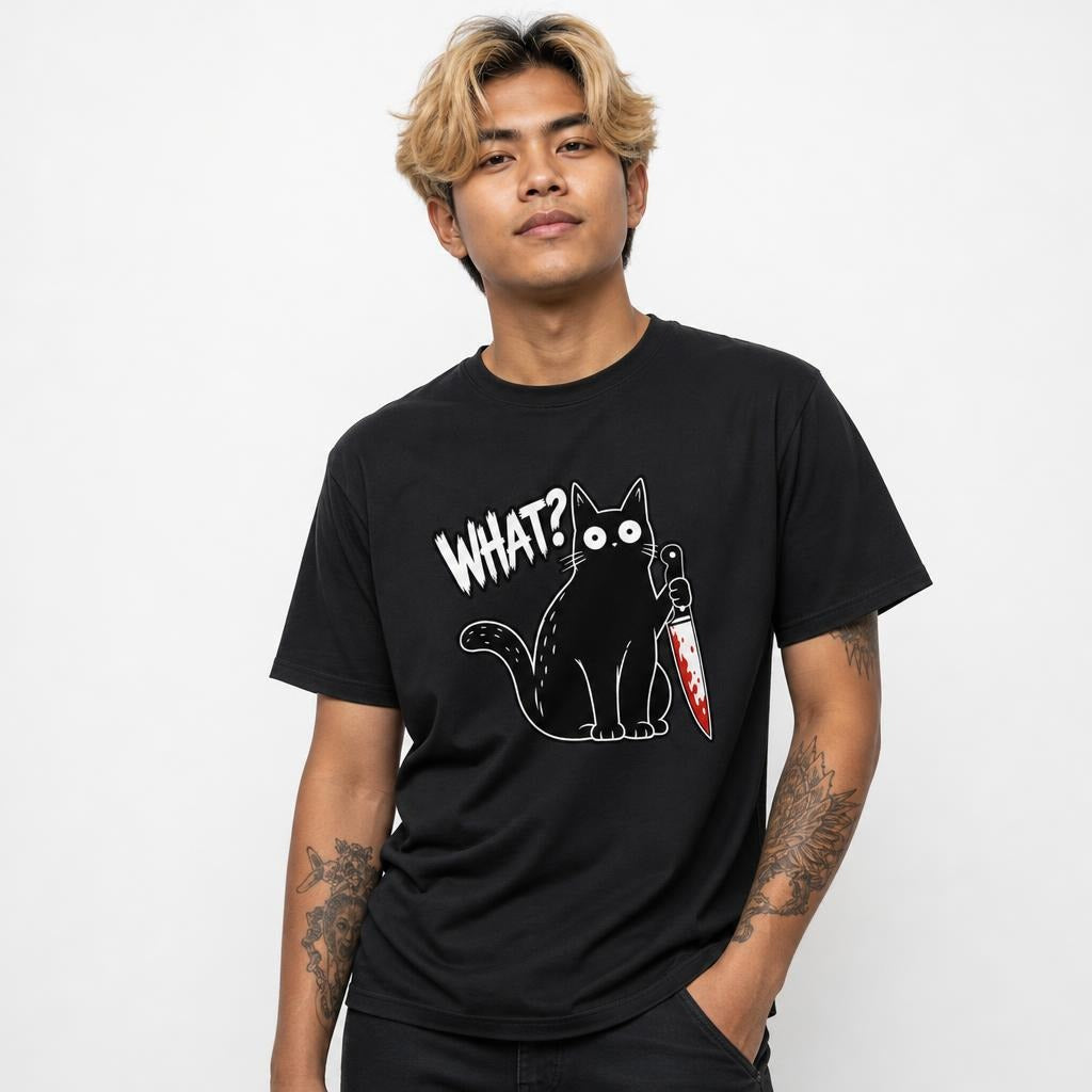 Black T-shirt featuring a cartoon cat holding a blood-spattered knife beside the distressed word “WHAT?”